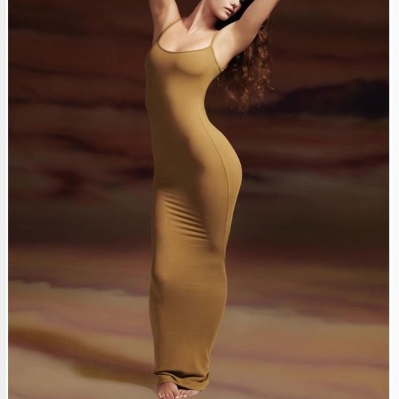 SKIMS Sweaters - RARE Skims Ribbed Soft Lounge Long Slip Dress Maxi - Gold